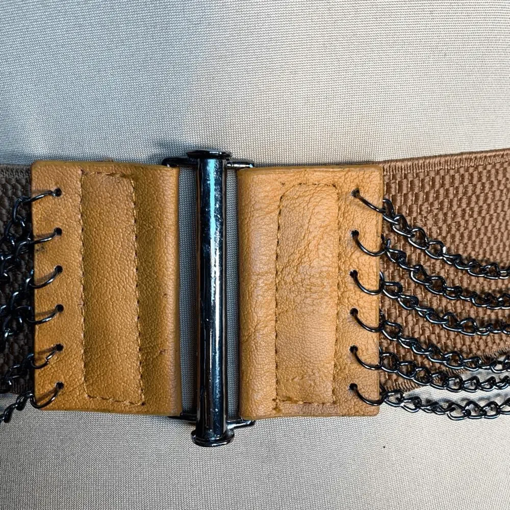 Vintage Y2K Tan Leather Layered Chain Belt Festival Statement Edgy Accessory